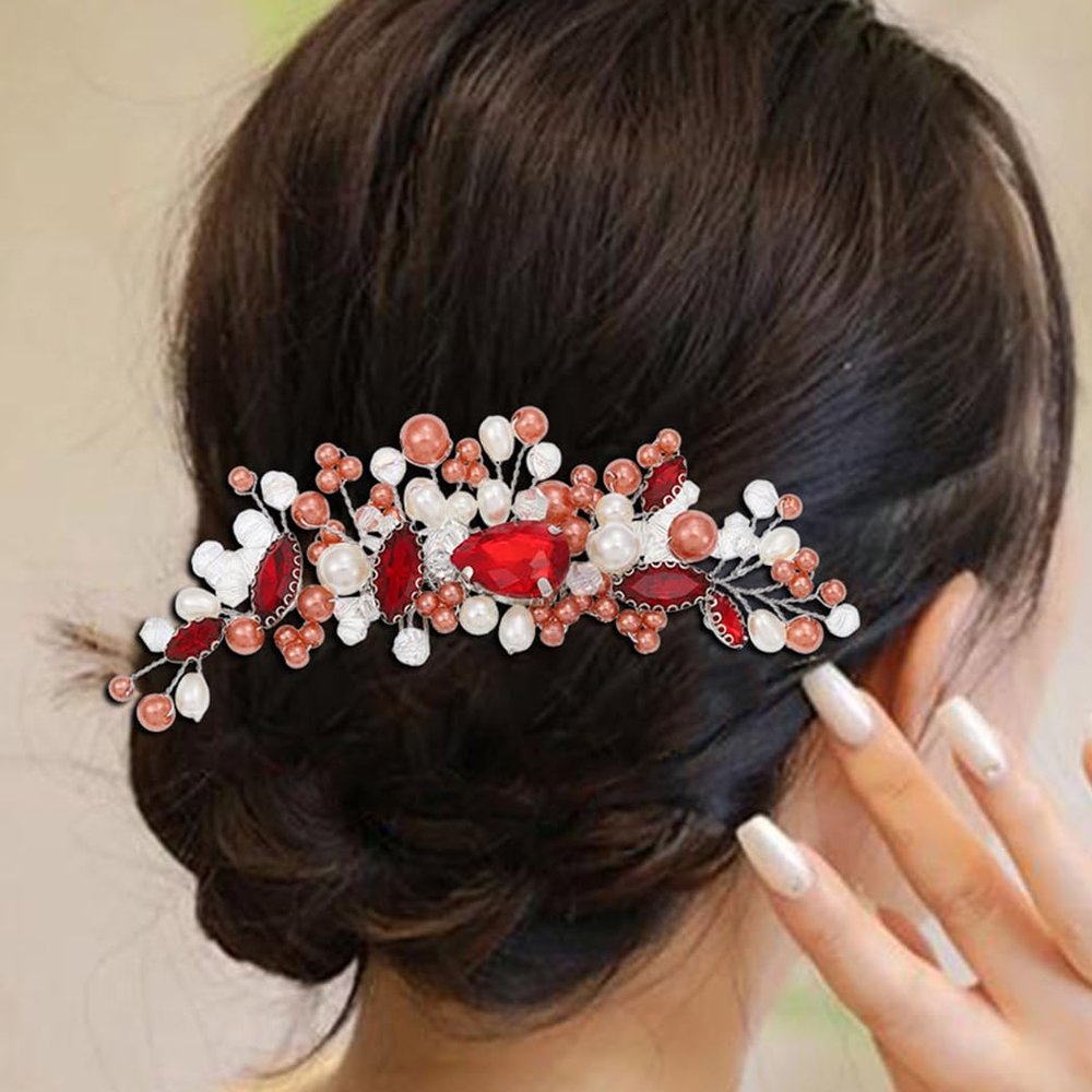 Brishow Red Rhinestone Hair Comb Crystal Bride Wedding Hair Piece Opal Vintage Prom Hair Accessories for Women and Girls