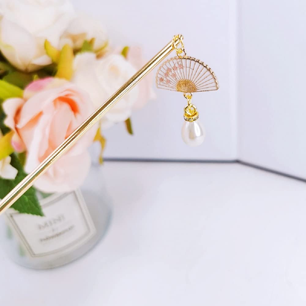 LRESJJIUJ Chinese Pearl Hairpin Accessories Fan No Tassels Hair Gold Stick Retro Unique Headwear Han Fu Elegance Clothing Accessories Oriental Legend Lucky Jewelry Gift for Women White