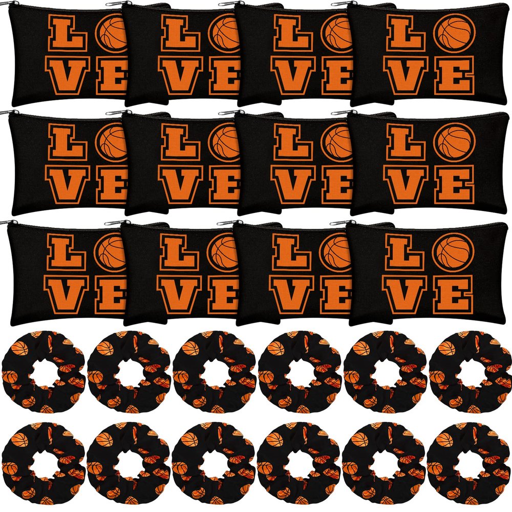24 Basketball Stuff Set Cosmetic Bags Sport Makeup Bags Pencil Case Portable Storage Case Satin Sport Hair Scrunchies Elastic Hair Bands Basketball Gifts Basketball Accessories for Girl (Black, Love)