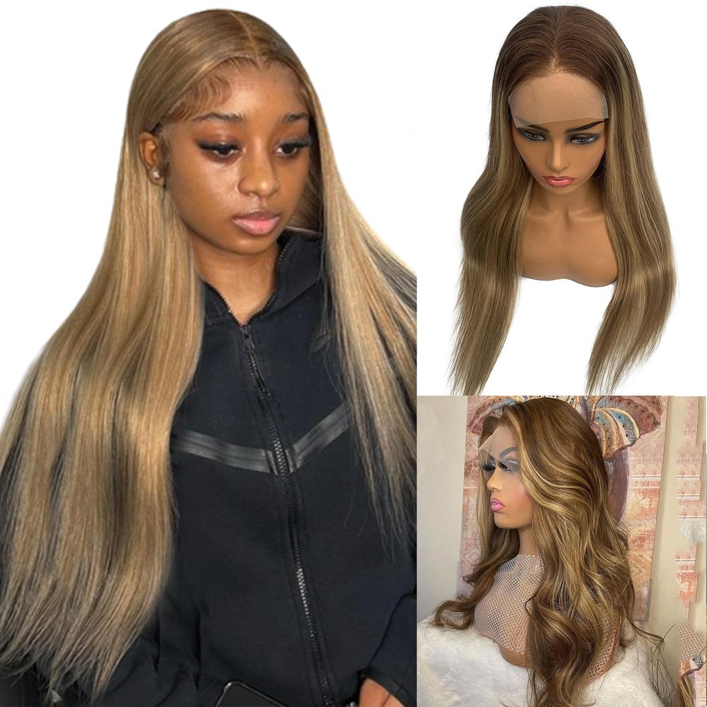 28Inch Long Brown Balayage Lace Front Wigs Human Hair for Women,13x4 ombre Lace Front Human Hair Wig 9A Brazilian Virgin Hair Guleless Pre Plucked with Baby Hair Brown Highlights Lace Frotal Wigs