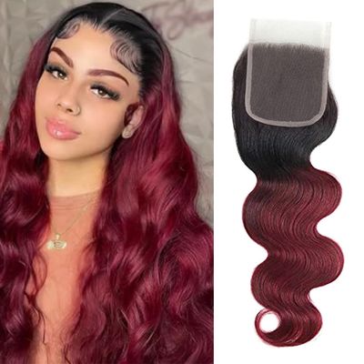 1B/99J 10 Inch Human Hair Ombre Pre Plucked With 4X4 HD Lace Closure Baby Hair Grade 9A High Density Body Wave Brazilian Virgin Hair Raw Remy Human Hair Only Short 1B/99J Closure