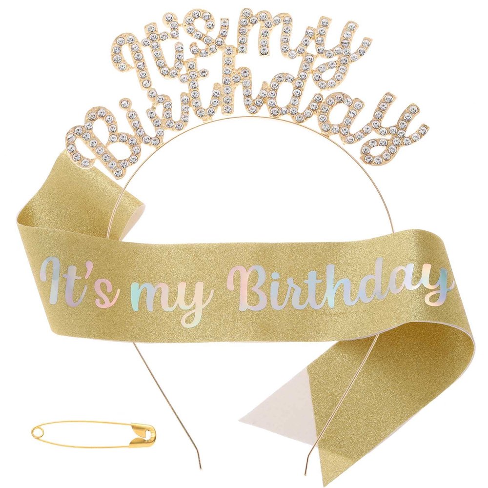 Acenail It's My Birthday Headband Birthdays Sash Rhinestone Birthday Hair Accessories for Women (B-Gold)