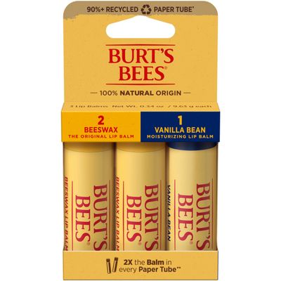 Burt's Bees Moisturizing Lip Balm, 2 Original Beeswax and 1 Vanilla Bean, 100% Natural Origin, 0.34 Ounce Each, 3 Paper Tubes, Pack May Vary