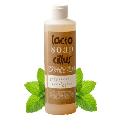 Elemental Wellness, Castile Soap Liquid - Lactosoapcillus, Organic, Probiotic, Vegan, Natural, Peppermint + Eucalyptus Body Wash Scent - Multi-Purpose Liquid Soap, Plant Based Soap - (16 oz)