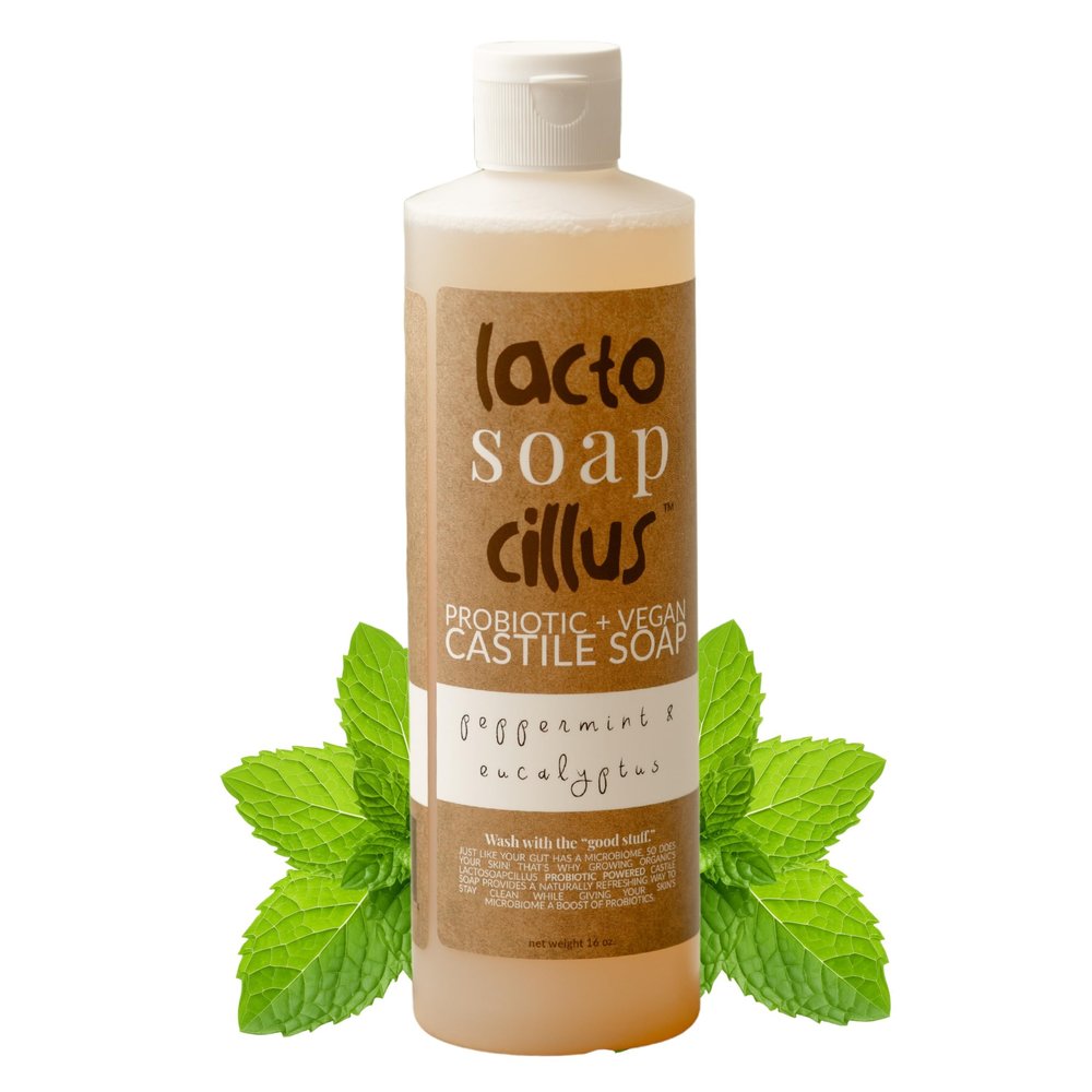 Elemental Wellness, Castile Soap Liquid - Lactosoapcillus, Organic, Probiotic, Vegan, Natural, Peppermint + Eucalyptus Body Wash Scent - Multi-Purpose Liquid Soap, Plant Based Soap - (16 oz)