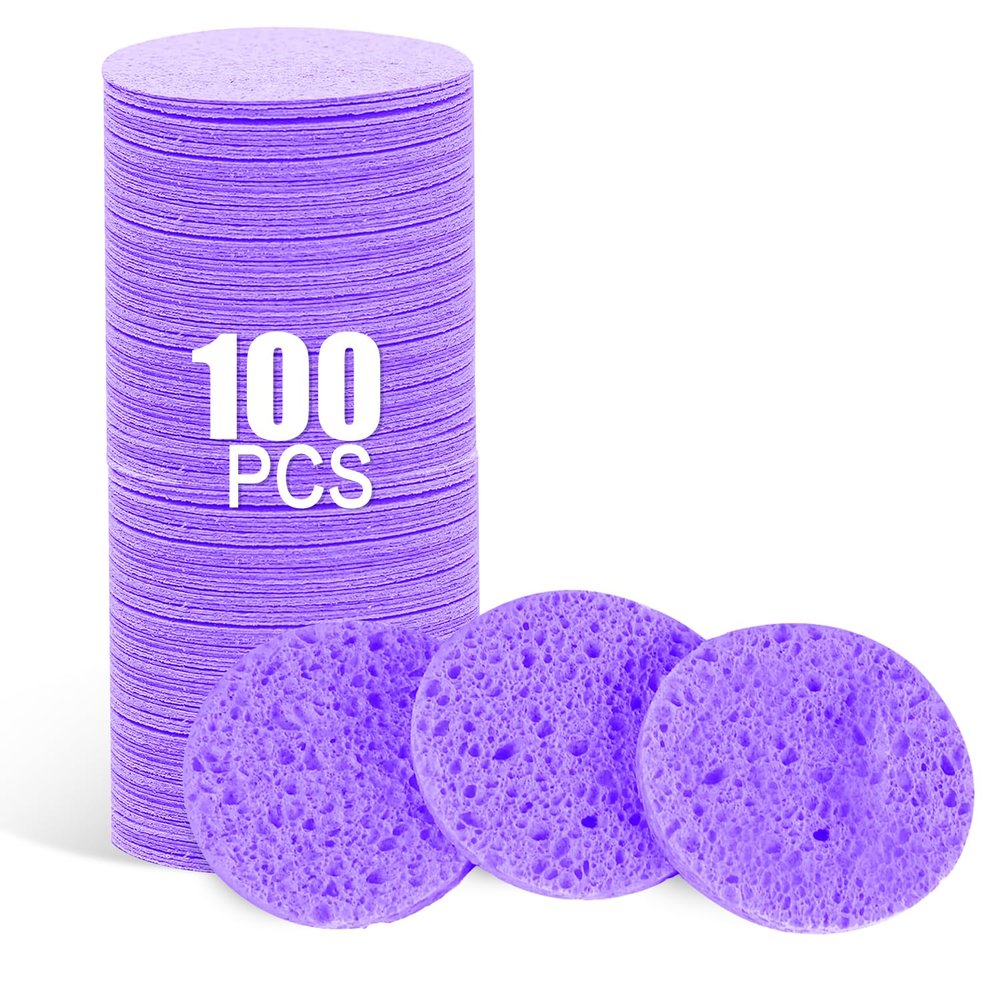 Spunspon 100-Count Facial Sponges Compressed Natural Cellulose Sponge Round Shape Face Sponge for Face Cleansing Exfoliating and Makeup Removal, Purple
