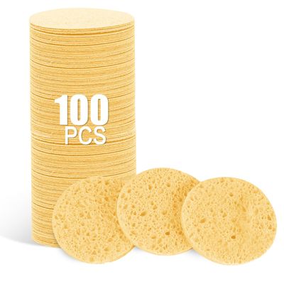 Spunspon 100-Count Facial Sponges Compressed Natural Cellulose Sponge Round Shape Face Sponge for Face Cleansing Exfoliating and Makeup Removal, Yellow