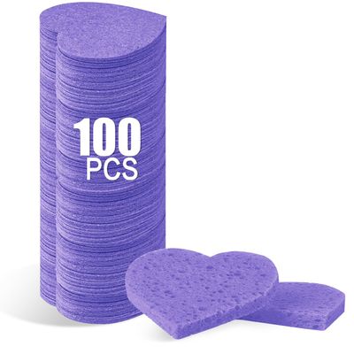 100-Count Compressed Facial Sponges for Estheticians Heart Shape Natural Cellulose Sponge Professional Cosmetic Spa Sponges for Face Cleansing, Massage, Pore Exfoliating, Mask, Makeup Removal, Purple