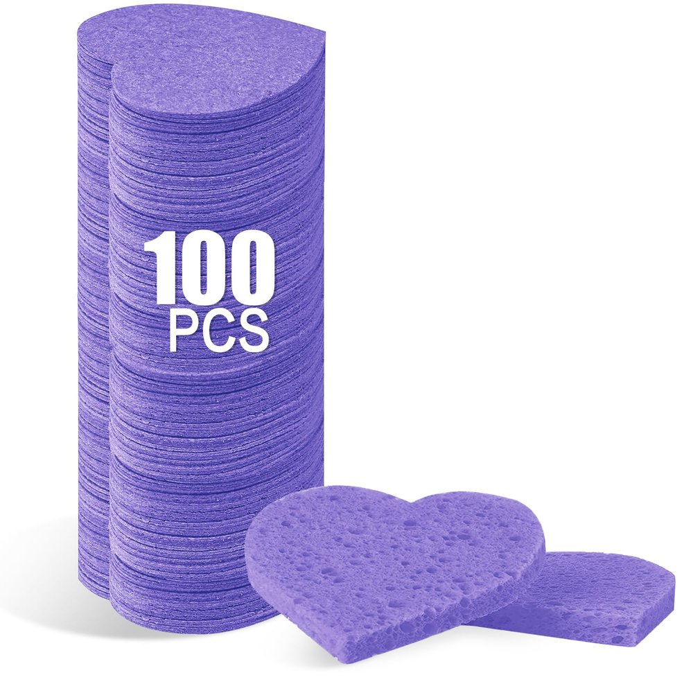 100-Count Compressed Facial Sponges for Estheticians Heart Shape Natural Cellulose Sponge Professional Cosmetic Spa Sponges for Face Cleansing, Massage, Pore Exfoliating, Mask, Makeup Removal, Purple