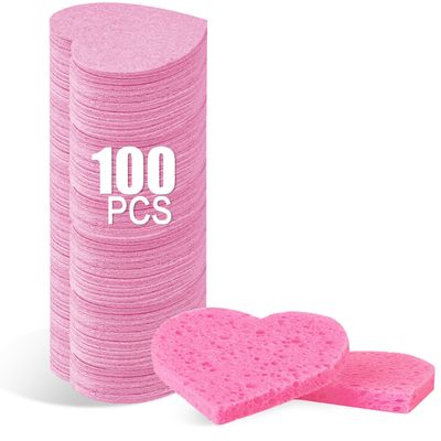 100-Count Compressed Facial Sponges for Estheticians Heart Shape Natural Cellulose Sponge Professional Cosmetic Spa Sponges for Face Cleansing, Massage, Pore Exfoliating, Mask, Makeup Removal, Pink