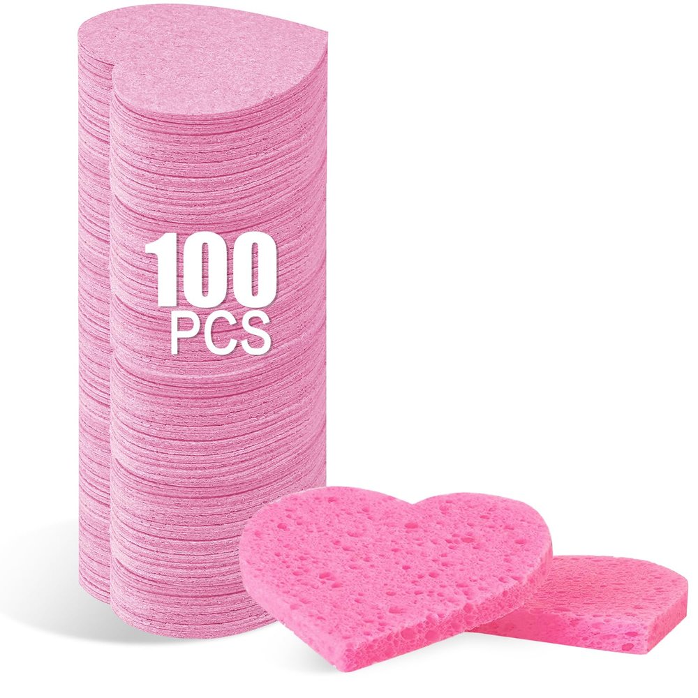 100-Count Compressed Facial Sponges for Estheticians Heart Shape Natural Cellulose Sponge Professional Cosmetic Spa Sponges for Face Cleansing, Massage, Pore Exfoliating, Mask, Makeup Removal, Pink