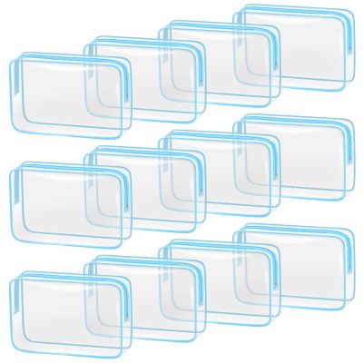 TISRATOK 12 PCS Clear Makeup Bag for Women with Zipper, TSA Approved Toiletry Pouch, Cosmetic Bag Bulk for Travel Organizer Essentials - Blue,Large