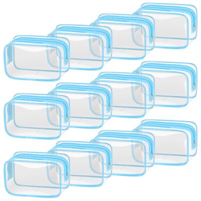 TISRATOK 12 PCS Clear Makeup Bag for Women with Zipper, TSA Approved Toiletry Pouch, Cosmetic Bag Bulk for Travel Organizer Essentials - Blue,Small