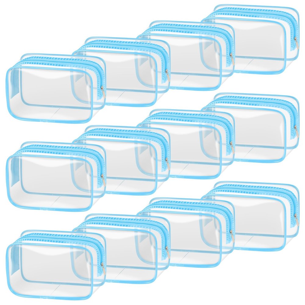TISRATOK 12 PCS Clear Makeup Bag for Women with Zipper, TSA Approved Toiletry Pouch, Cosmetic Bag Bulk for Travel Organizer Essentials - Blue,Small