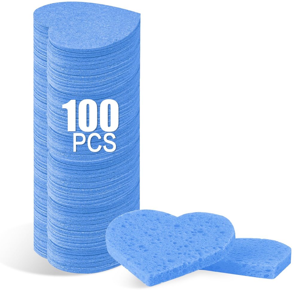 100-Count Compressed Facial Sponges for Estheticians Heart Shape Natural Cellulose Sponge Professional Cosmetic Spa Sponges for Face Cleansing, Massage, Pore Exfoliating, Mask, Makeup Removal, Blue
