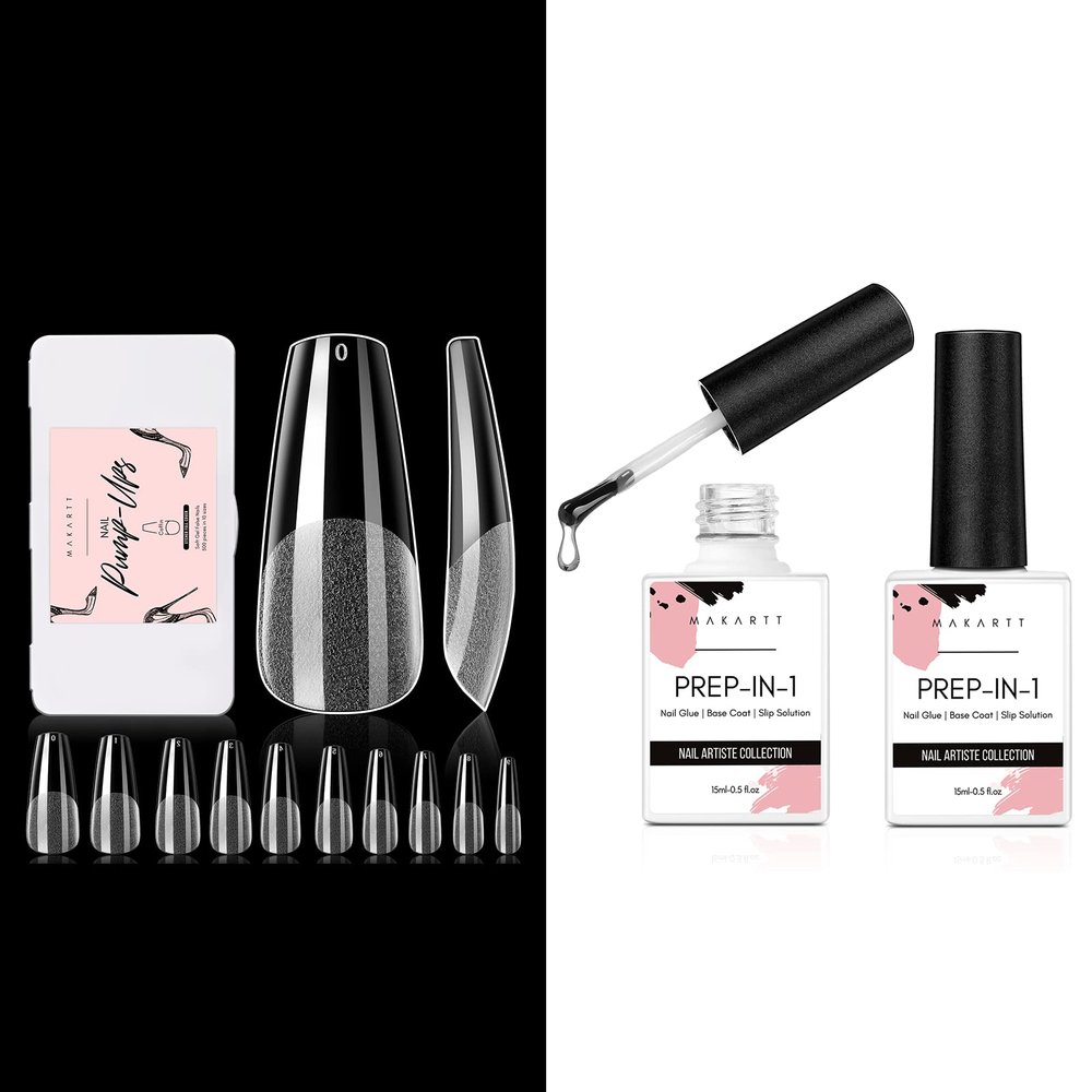 Makartt Nail Glue for Acrylic Nails 2 Pcs 15ML UV Gel Curing Needed Bundle with Makartt 500Pcs Soft Gel Full Cover Nail Tips, Medium Coffin Clear Fake Nail Tips