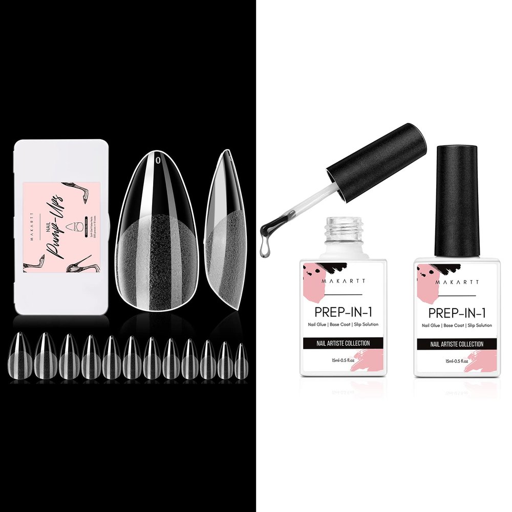 Makartt Nail Glue for Acrylic Nails 2 Pcs 15ML UV Gel Curing Needed Bundle with Makartt 504Pcs Soft Gel Full Cover Tips, Almond Stiletto False Nail Tips Press on Nails