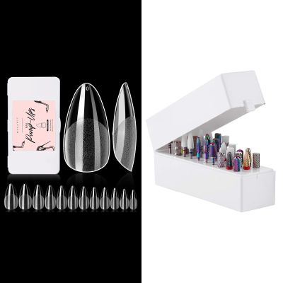 Makartt Nail Drill Bits Holder Dustproof Stand Displayer Organizer Container Bundle with Makartt 504Pcs Soft Gel Full Cover Tips, Almond Stiletto False Nail Tips Press on Nails