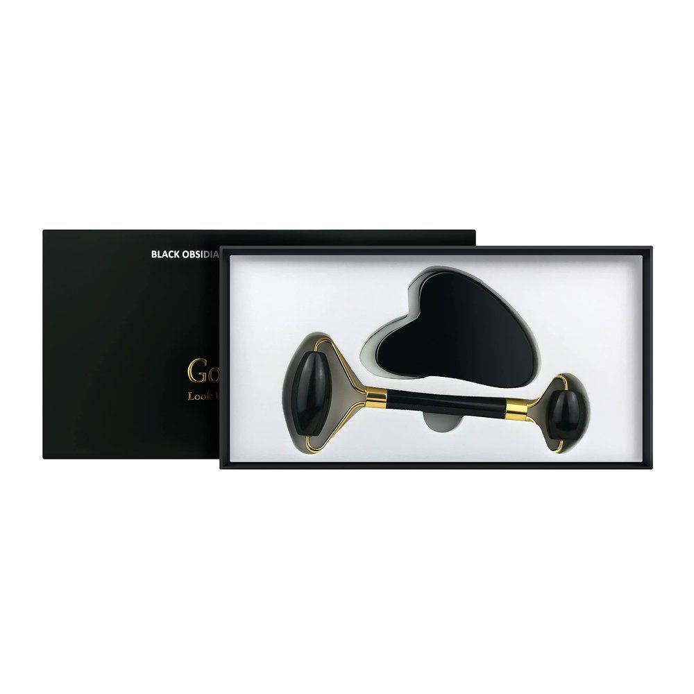 Anti-Aging Jade Black Obsidian Roller and Gua Sha Spa Set - Massager & Sculpting Tools for Eyes, Face, Neck and Body. Helps Reduce The Appearance of Wrinkles, Fine Lines, Soothes & De-Puffs Skin