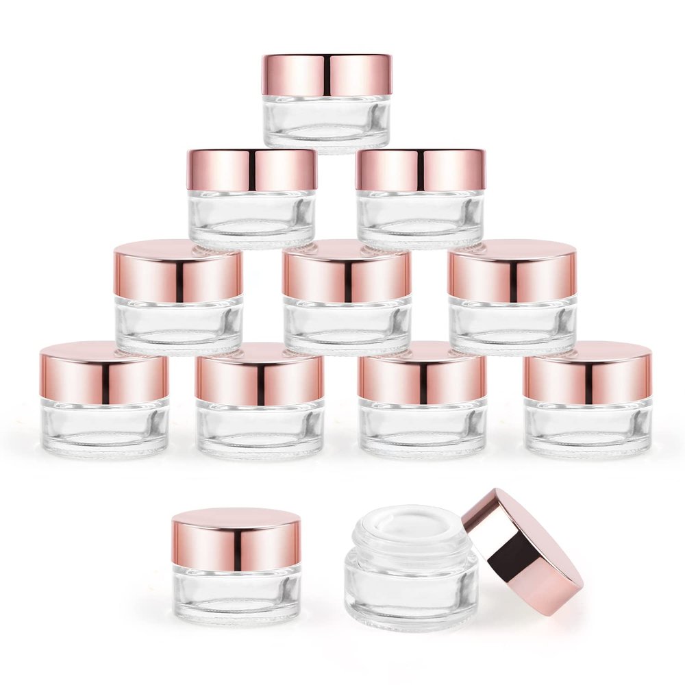 12 Pcs 5g Glass Cosmetic Jars Refillable Clear Cream Bottle Containers Empty Sample Vials Jar with Rose Gold Lid for Eye Cream Lotion Ointments Lip Balm Scrub