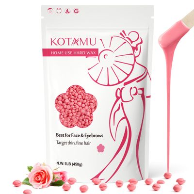 KOTAMU Wax Beads for Hair Removal - Professional Waxing for Sensitive Skin, Targets Thin Fine Hair, 1lb Pink Beads Ideal for Home Waxing Face, Eyebrows, Chin, Body, Legs, Arms, Underarm, Bikini
