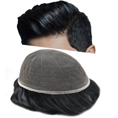 Hair Wonders Mens Hair Systems Full French Lace Toupee for Men European Virgin Human Hair Replacement System Breathable Mens Toupee Hair Piece 8X10 1# Jet BLACK-100% Density