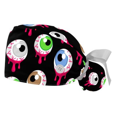 LORVIES Medical Caps for Women with Buttons Long Hair, 2 Piece Adjustable Working Cap, Halloween Eyeball Scary