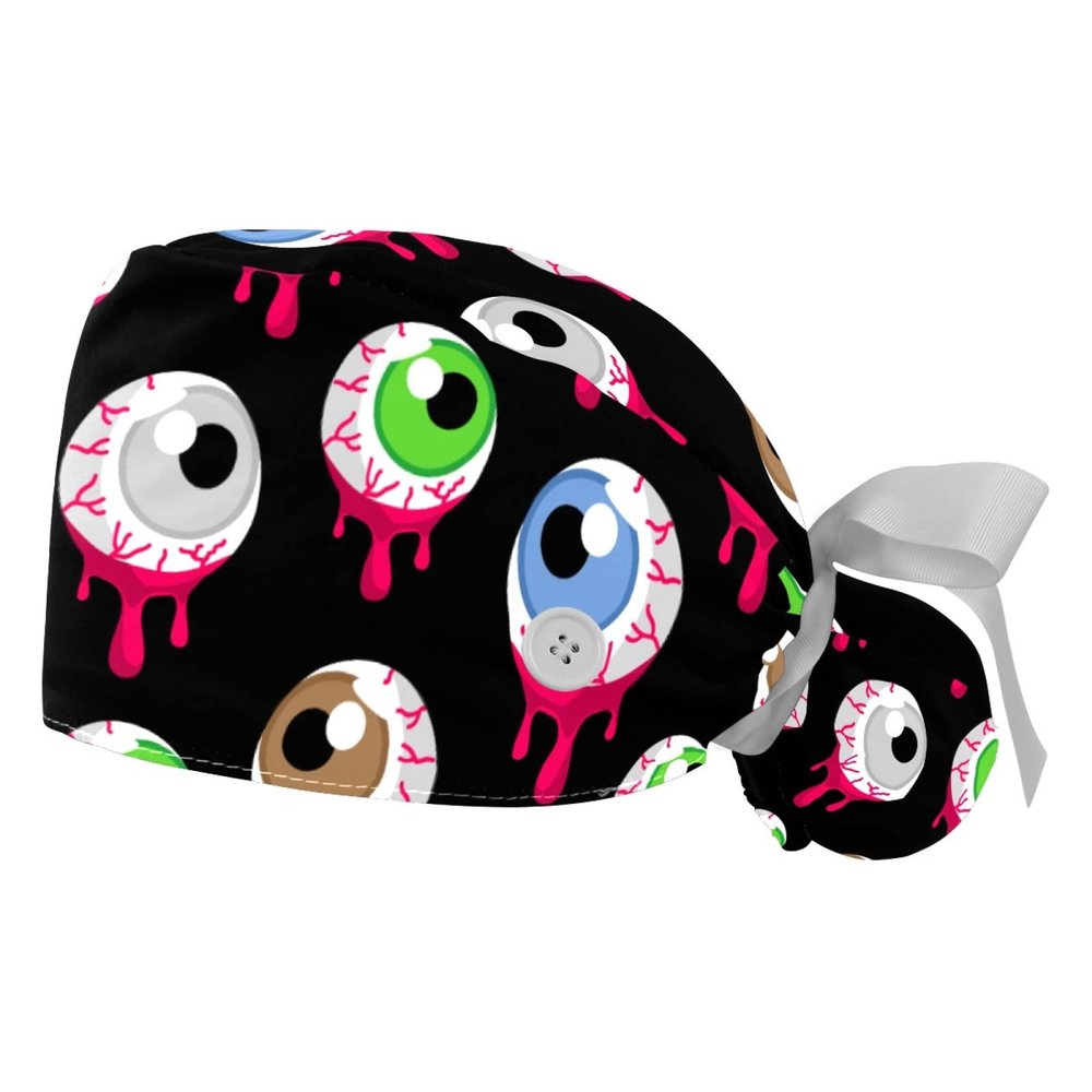 LORVIES Medical Caps for Women with Buttons Long Hair, 2 Piece Adjustable Working Cap, Halloween Eyeball Scary