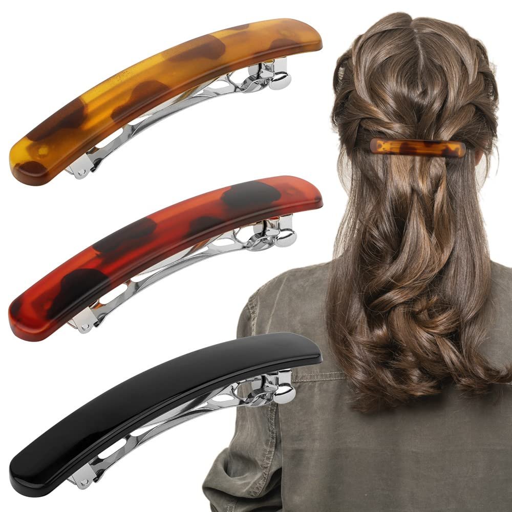 ATODEN Tortoise Shell Claw Barrettes for Women - 3Pcs Retro Creaseless 3.54" Hair Clips for Thin, Fine, Short, Medium & Thick Hair