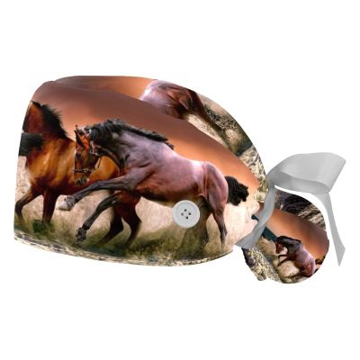 2 Pcs Nurse Scrub Caps Women Long Hair, Horses Fauna Sea Galopping Adjustable Working Cap with Button and Sweatband
