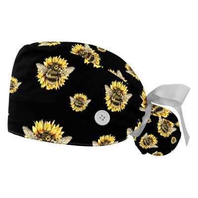 2 Pcs Nurse Scrub Caps Women Long Hair, Sunflower Bee Pattern Adjustable Working Cap with Button and Sweatband