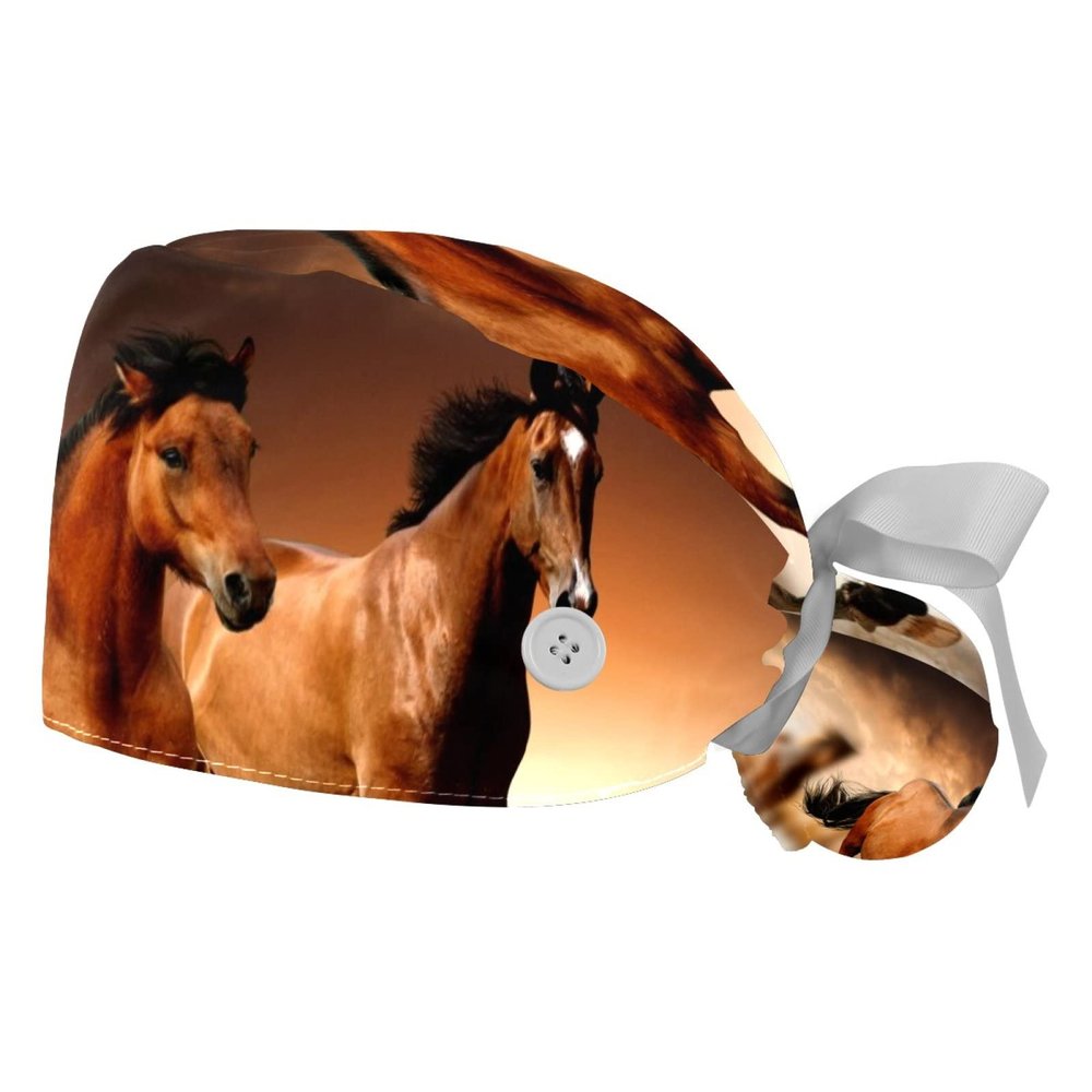 2 Pcs Nurse Scrub Caps Women Long Hair, Running Horses Adjustable Working Cap with Button and Sweatband