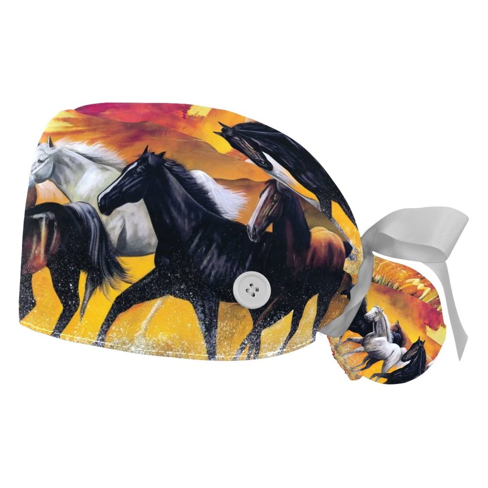 2 Pcs Nurse Scrub Caps Women Long Hair, Free Horse Runs Through The Splashes of Water Adjustable Working Cap with Button and Sweatband
