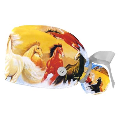 2 Pcs Nurse Scrub Caps Women Long Hair, Horses Painting Adjustable Working Cap with Button and Sweatband