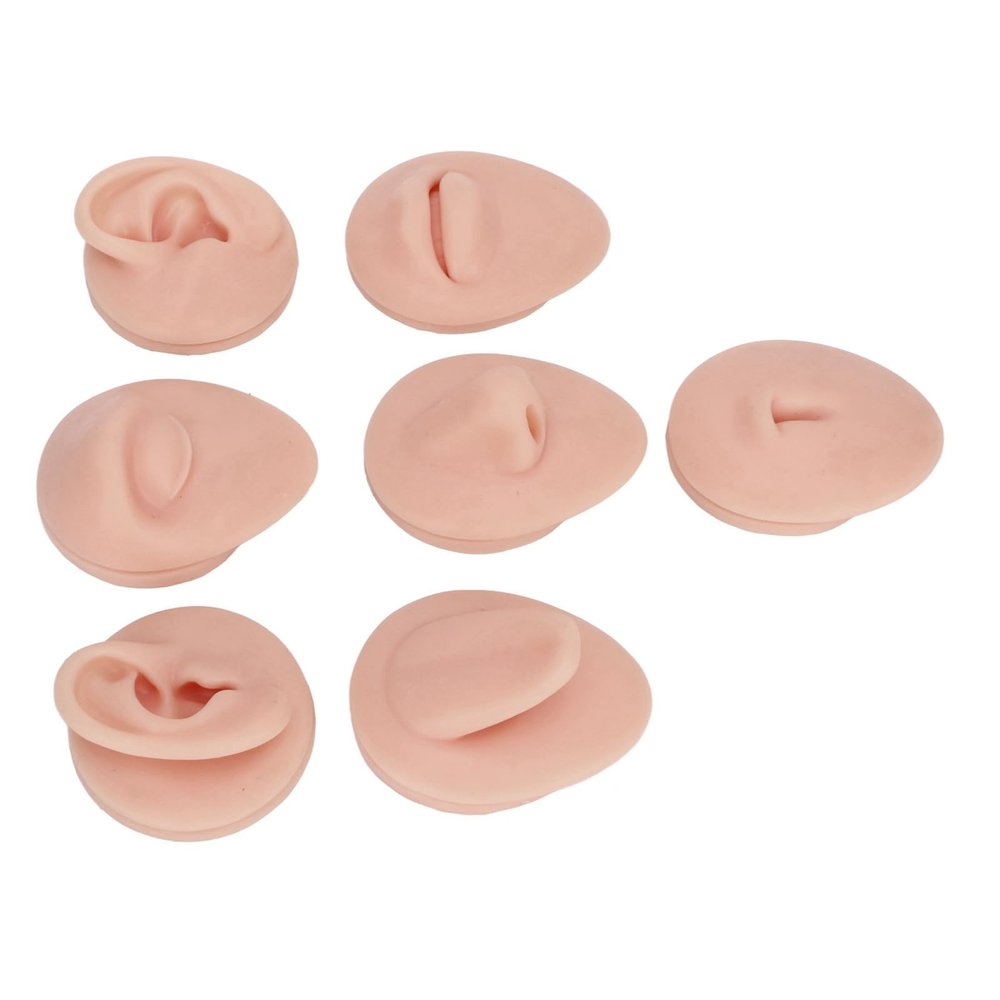 Silicone Piercing Body Model, Simulation 3d Silicone Eyes Ears Nose Mouth Tongue Navel Model 2 Sets of Display Stand Set, Body Piercing Practice Model(Medium Skin Color)