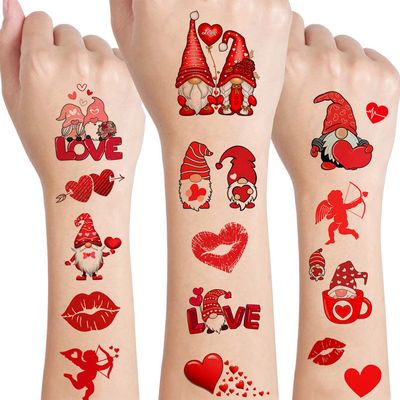12 Sheets Valentine's Heart Temporary Tattoos for Women, Valentine's Day Party Supplies Red Heart Love Lip Cupid Fake Tattoos Valentines Party Favors Stickers Party Games Gifts Decorations