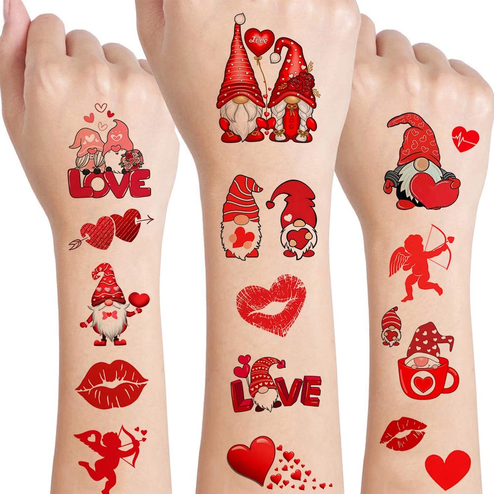 12 Sheets Valentine's Heart Temporary Tattoos for Women, Valentine's Day Party Supplies Red Heart Love Lip Cupid Fake Tattoos Valentines Party Favors Stickers Party Games Gifts Decorations