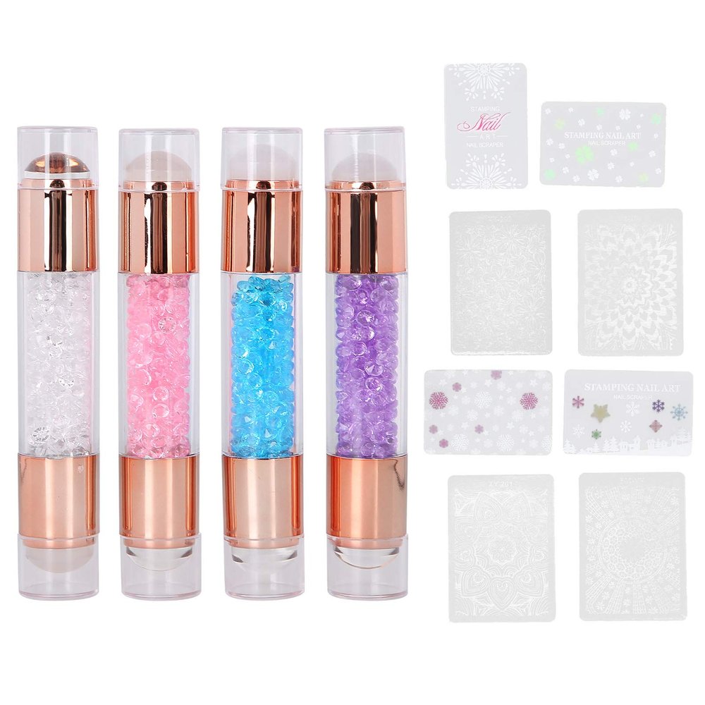 Tgoon Manicure Stamping Plates , Fashionable 4Sets Double Ended Pen Colorful Rhinestones Clear Printing Scraper Nail Stamper Kit for Home for Salon