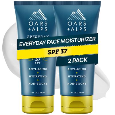 Oars + Alps Travel Sunscreen for Face & Everday Use, SPF 37 Anti Aging Face Sunscreen & Body Lotion, Infused with Hyaluronic Acid, Vitamin E and B5, No White Residue, Water & Sweat Resistant, 2pk