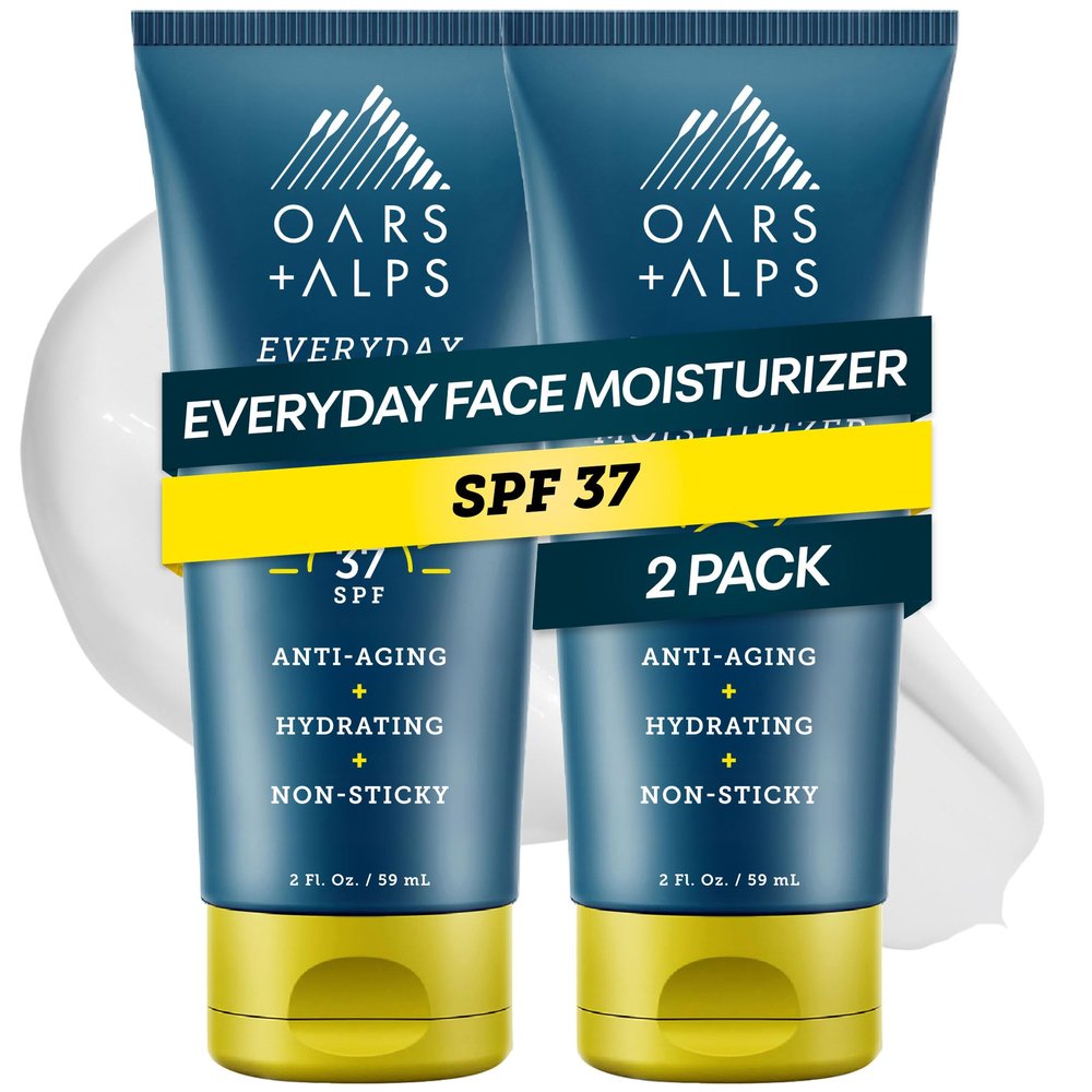 Oars + Alps Travel Sunscreen for Face & Everday Use, SPF 37 Anti Aging Face Sunscreen & Body Lotion, Infused with Hyaluronic Acid, Vitamin E and B5, No White Residue, Water & Sweat Resistant, 2pk