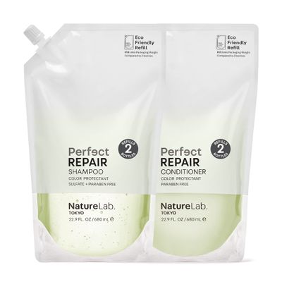 NatureLab.TOKYO Perfect Repair Shampoo & Conditioner Duo - Japanese Shampoo & Conditioner for Damaged, Color-Treated Hair - Penetrates Roots, Revitalizes & Restores Strands - Refill Pouch, 22.9oz each