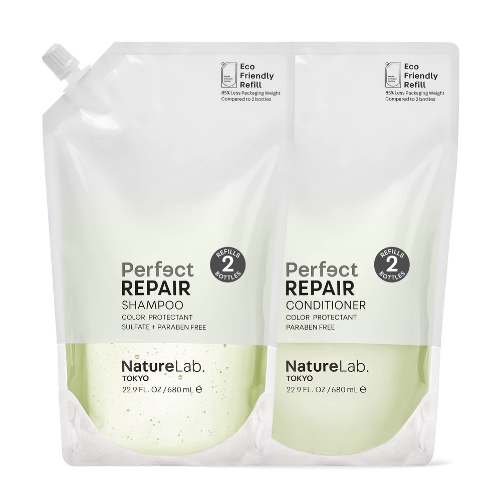 NatureLab.TOKYO Perfect Repair Shampoo & Conditioner Duo - Japanese Shampoo & Conditioner for Damaged, Color-Treated Hair - Penetrates Roots, Revitalizes & Restores Strands - Refill Pouch, 22.9oz each