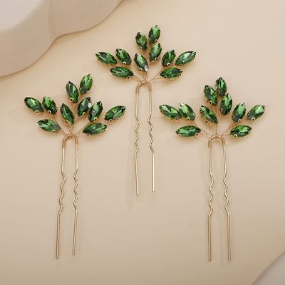 Teyglen 3pcs Bridal Crystal Hair Pins Rhinestones Hair Pieces Simple Crystal Wedding Hair Accessories Handmade Hair Pins for Women Bride Girls (Green-gold)