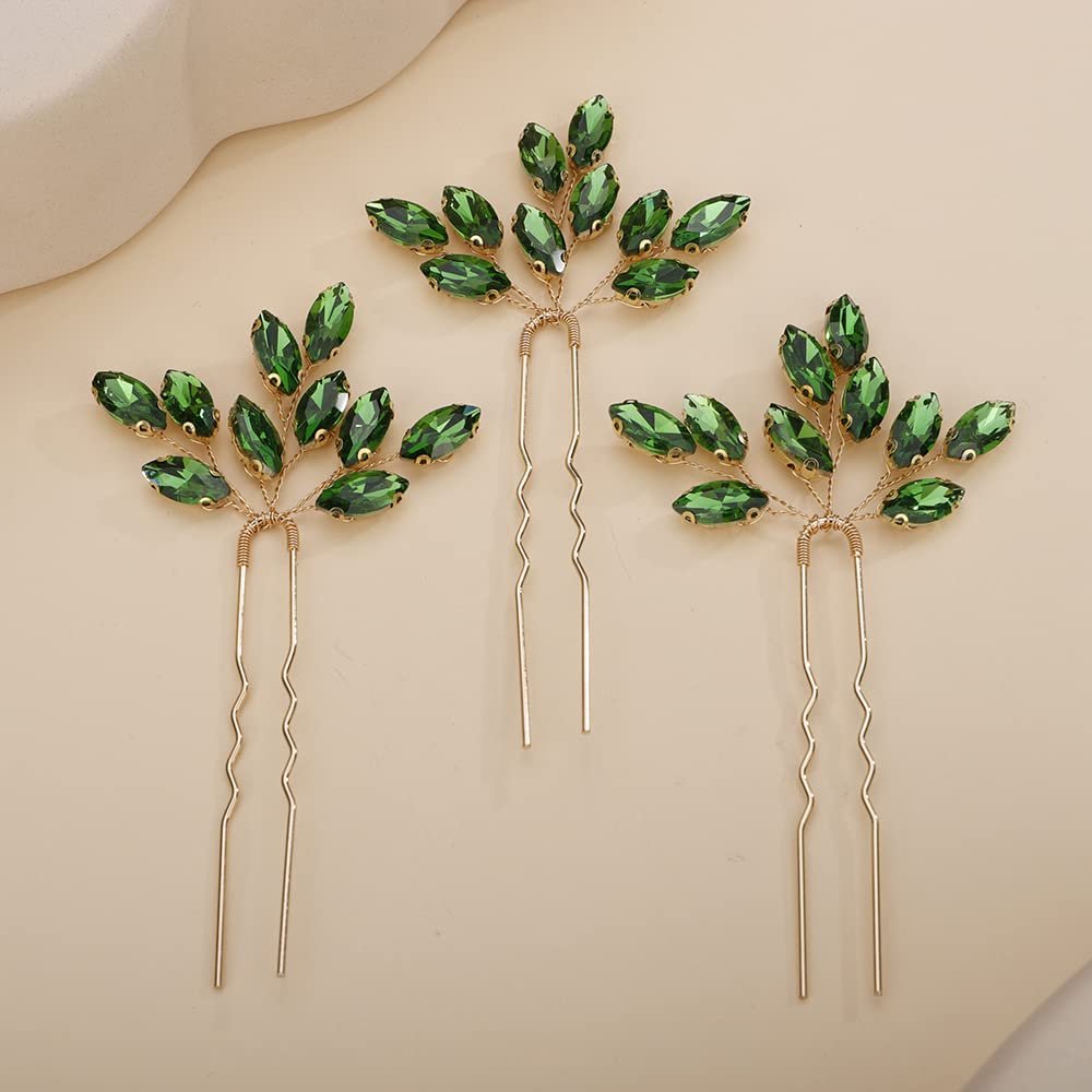 Teyglen 3pcs Bridal Crystal Hair Pins Rhinestones Hair Pieces Simple Crystal Wedding Hair Accessories Handmade Hair Pins for Women Bride Girls (Green-gold)
