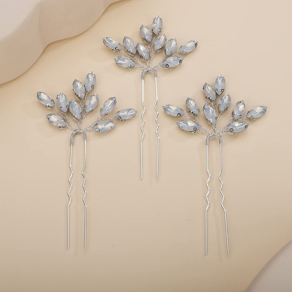 Teyglen 3pcs Bridal Crystal Hair Pins Rhinestones Hair Pieces Simple Crystal Wedding Hair Accessories Handmade Hair Pins for Women Bride Girls (Opal)