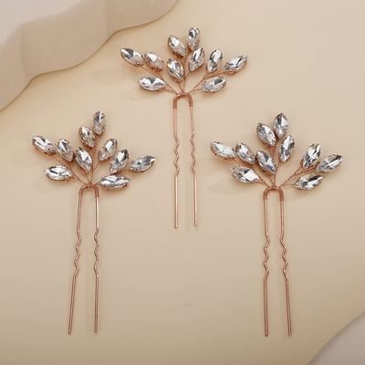 Teyglen 3pcs Bridal Crystal Hair Pins Rhinestones Hair Pieces Simple Crystal Wedding Hair Accessories Handmade Hair Pins for Women Bride Girls (Rose Gold)