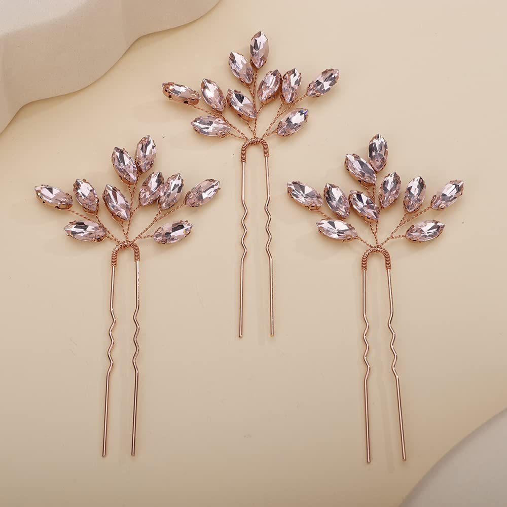 Teyglen 3pcs Bridal Crystal Hair Pins Rhinestones Hair Pieces Simple Crystal Wedding Hair Accessories Handmade Hair Pins for Women Bride Girls (Pink)
