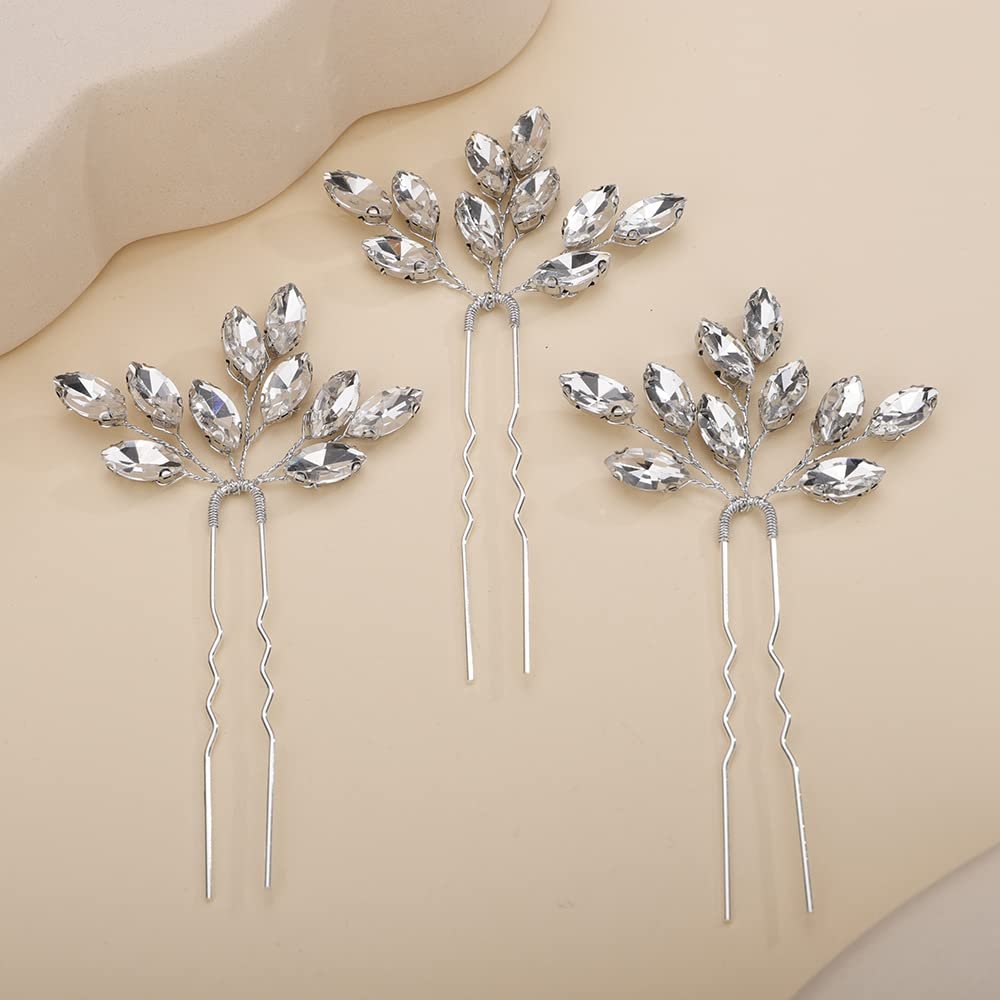 Teyglen 3pcs Bridal Crystal Hair Pins Rhinestones Hair Pieces Simple Crystal Wedding Hair Accessories Handmade Hair Pins for Women Bride Girls (Silver)