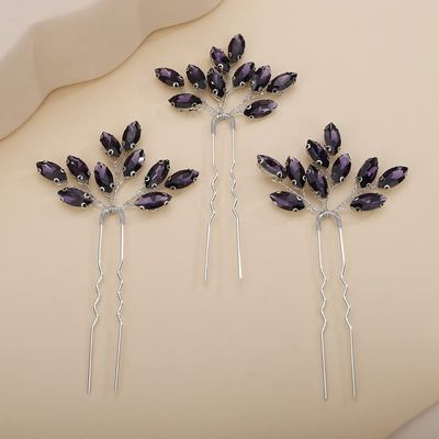 Teyglen 3pcs Bridal Crystal Hair Pins Rhinestones Hair Pieces Simple Crystal Wedding Hair Accessories Handmade Hair Pins for Women Bride Girls (Dark Purple)