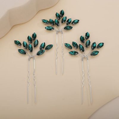 Teyglen 3pcs Bridal Crystal Hair Pins Rhinestones Hair Pieces Simple Crystal Wedding Hair Accessories Handmade Hair Pins for Women Bride Girls (Green-Silver)